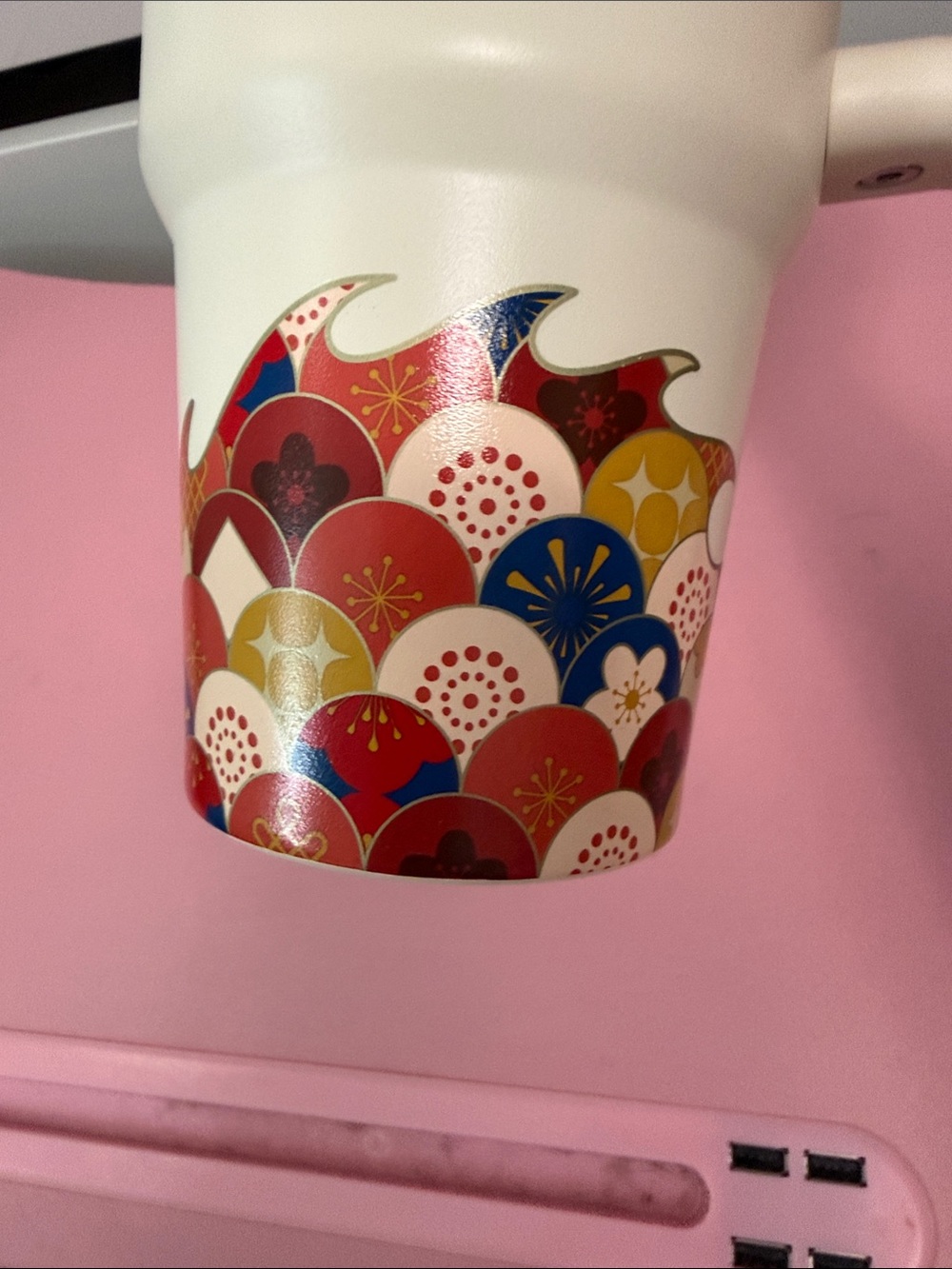 Stanley Dragon Cream Tumbler with Red Multi-Color Decorative Base - Picture 2 of 8
